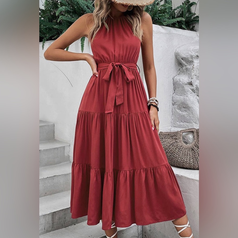 Tied Waist Tiered Halter Dress
